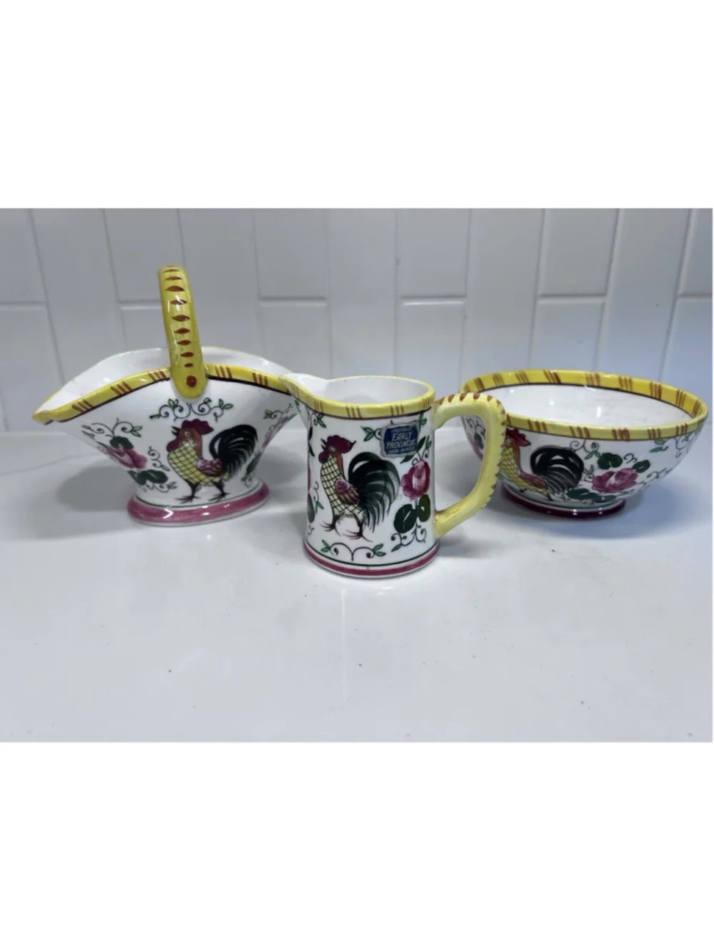 Vintage Ucagco Early Provincial Rooster And Roses Pitcher Basket & Bowl